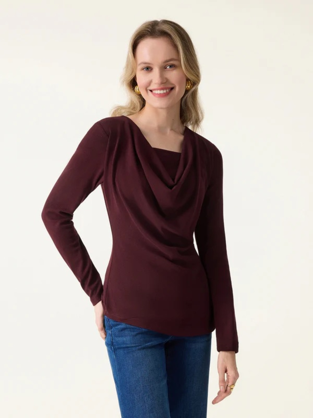 OGL Brami Top Asymmetric Hem Scoop Neck EcoMousse Long Sleeve Maroon Size XL NEW